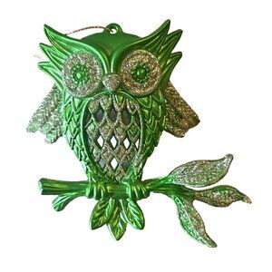 Green Owl Ornament with Gold Glitter